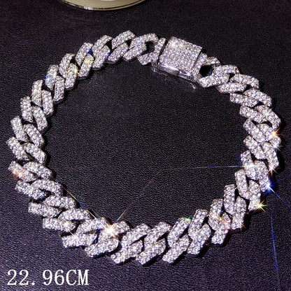 Fesyen Bling Berturap Rhinestone Prong Gelang Rantai Cuba untuk Wanita Lelaki Hip Hop Ais Keluar Gelang Rantai Pautan Chunky Barang Kemas Baru 