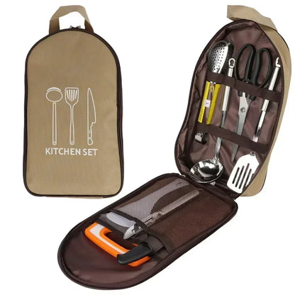 8Pcs/set Outdoor Camping Cookware Set With Knife Utensil Spoon Portable Picnic Kitchen Utensils Tableware Storage Handbag