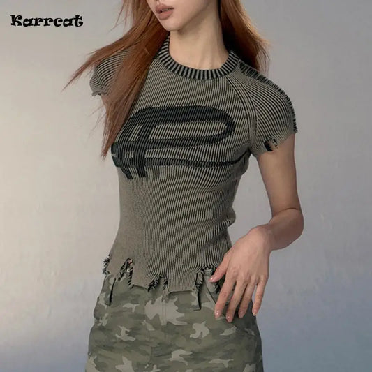 Karrcat Grunge Aesthetics Knitted Top Vintage Distressed T-shirt Punk Broken Crop Top Harajuku Slim Ribbed Tshirt Y2k Streetwear