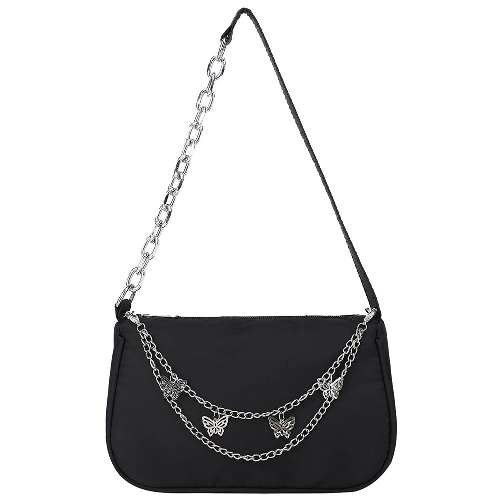 Female Black Nylon Underarm Bags Women Casual Butterfly Chain Shoulder Bag Ladies Japanese and Korean Style Small Handbags