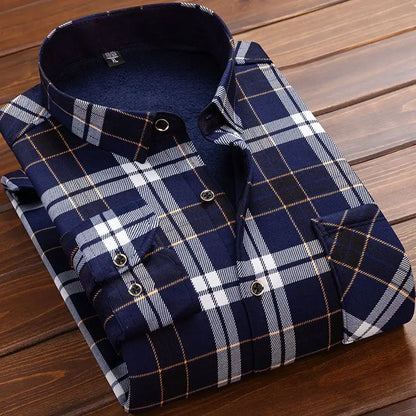 2024 Men's Winter Warm Long Sleeve Plaid Shirts Flannel Fur Lined Thick Formal Shirts Fleece Casual Shirt for Men Dress Shirts