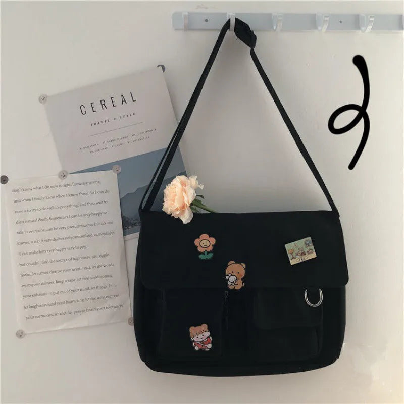 Harajuku Jepun Beg Bahu Gadis Retro Comel Lencana Cantik Kanvas Selempang Beg Sekolah Pelajar Beg Utusan Warna Pejal Beg Utusan 