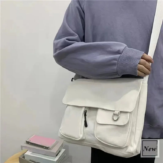 Harajuku Jepun Beg Bahu Gadis Retro Comel Lencana Cantik Kanvas Selempang Beg Sekolah Pelajar Beg Utusan Warna Pejal Beg Utusan 