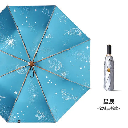 Sunshade Folding Umbrella for Women, Thickened Titanium Silver Cloths, Anti Sun UV, Windproof Waterproof, Rain Umbrellas Parasol