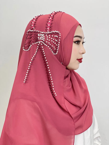 Muslim Big Bow Hijab Beaded Hijab Send Decorative Arab Hijab Women Hijab Shiny Soft Easy to Wear Hijab Turkey Head Wrap Scarf