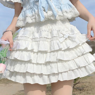 Skirt Mini Kawaii Lolita Gaya Jepun Wanita Gothic Rok Pinggang Tinggi Ruffle Berperingkat Sweet Girly Musim Panas Harajuku Skirt Pendek Y2k