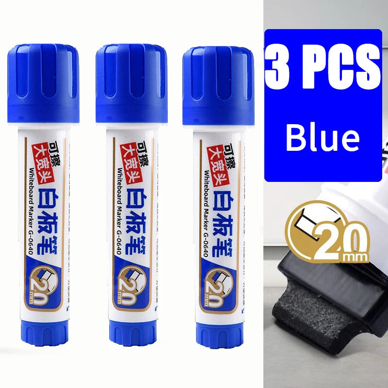 Penanda Papan Putih Nib Besar 20mm Petua Rata untuk Keterlihatan Jelas Dakwat boleh isi semula Padam Kering Penanda JUMBO Hitam Merah Biru 