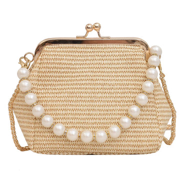 Luxury Designer Trendy Straw Weaving Shoulder Bag Versatile Small Beading Handbag For Women Summer Casual Beach Bag Travel Purse