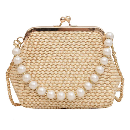 Luxury Designer Trendy Straw Weaving Shoulder Bag Versatile Small Beading Handbag For Women Summer Casual Beach Bag Travel Purse