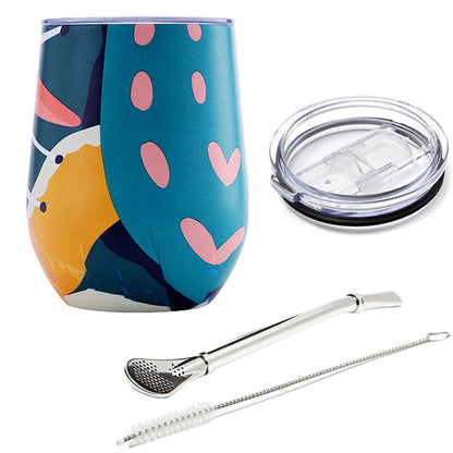 12oz Yerba Mate Tea Cup Stainless Steel Insulated Mug with Sliding Lid and Straw Coffee Cup Cocktail Champagne Cute Tumbler Cups