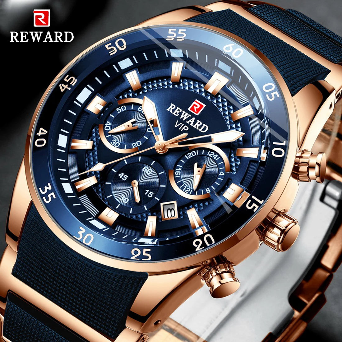 REWARD Blue Business Watches for Men Chronograph Silicone Quartz Wristwatch Man Wrist Watches Male Sports Waterproof Watch