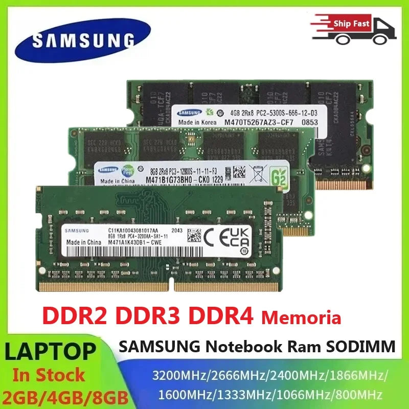 Samsung Laptop RAM SODIMM DDR2 DDR3 DDR4 Memoria 2400 1600 1333 800 667MHz 2GB 4GB 8GB 16GB High Performance Notebook Sodimm Ram