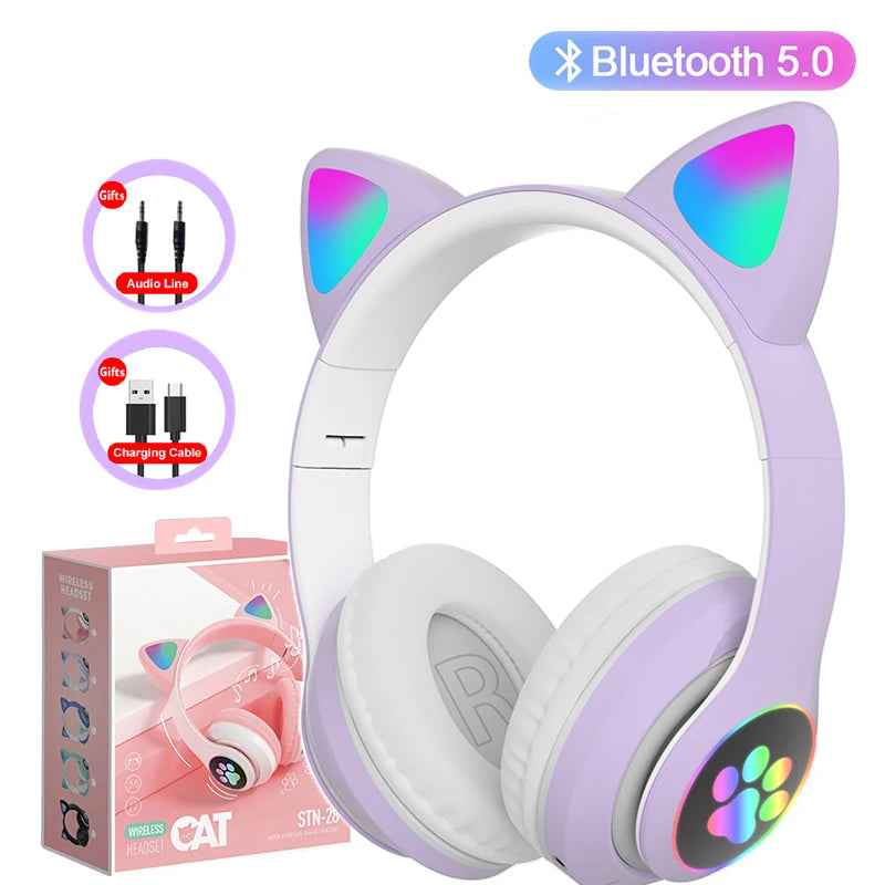 Flash Light Cute Cat Ear Headphones with Mic Kids Girl Stereo Phone Music Headset Gamer Bluetooth Headphone Girls Birthday Gift