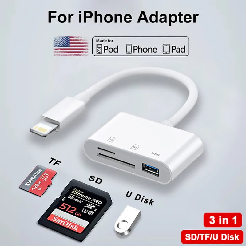 Pembaca Kad TF SD 3 Dalam 1 Untuk Apple iPhone 14 12 13 11 Pro Max XR XS Penukar Kamera USB C untuk iPad Android Laptop Penyesuai OTG 