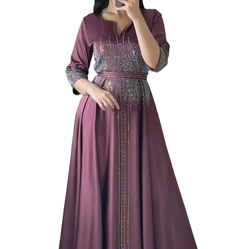 Muslim Satin Dress for Women Fashion Diamond Evening Dress Abaya Dubai Dinner Robe Muslim Dress Women Clothes for Muslim Women