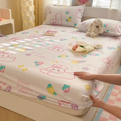 1 pc 100%Cotton Bed Sheet Cartoon Fish Printed Fitted Sheet with Elastic Band Single/Queen/King Pure Cotton Bed Botton Sheets