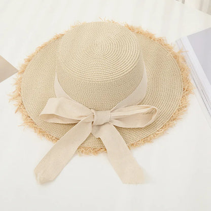 Tassel Female lace bow bowknot straw hat Summer Women ladies casual floppy Sun hat Ribbon Sunscreen cap for beach