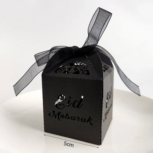 10Pcs Eid Mubarak Candy Boxes Hollowed Out Gift Box Gold White Black Ramadan Islamic Muslim for Eid Al-Fitr Party Decor Supplies