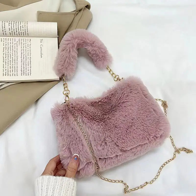 Winter Plush Tote Handbag Versatile Fluffy Shoulder Bag Soft Cute Chain Crossbody Bag Fashion Women Girls Small Square Handbag