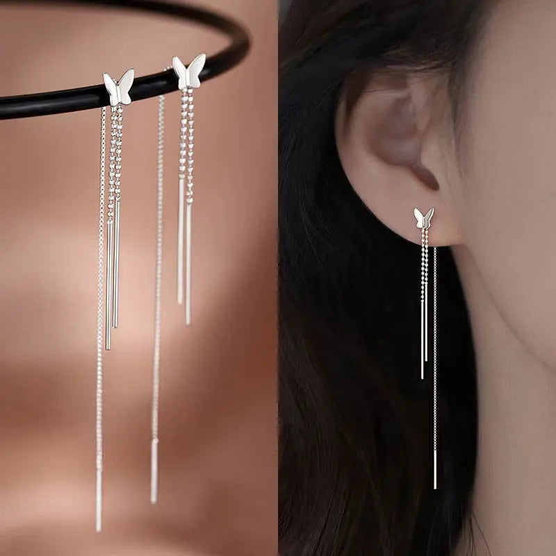 Anting-anting Panjang Rumbai Kupu-kupu Mutiara Kristal Biru Berlebihan Untuk Wanita Anting-anting Fesyen Korea Hadiah Barang Kemas Hari Lahir Harian 