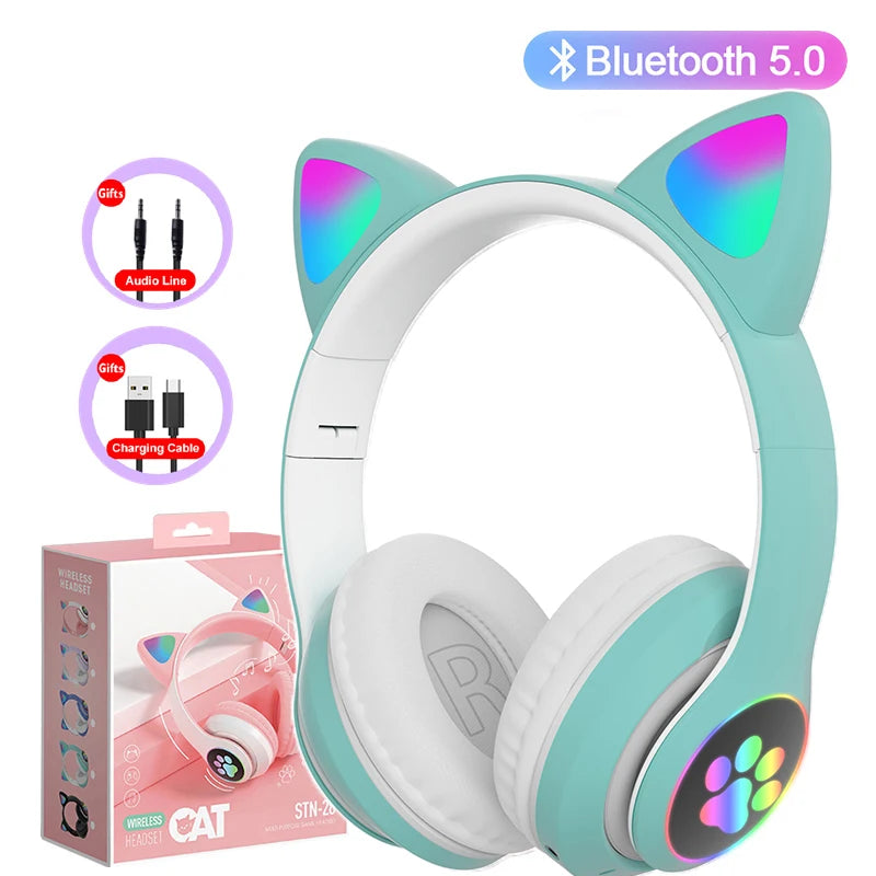 Flash Light Cute Cat Ear Headphones with Mic Kids Girl Stereo Phone Music Headset Gamer Bluetooth Headphone Girls Birthday Gift