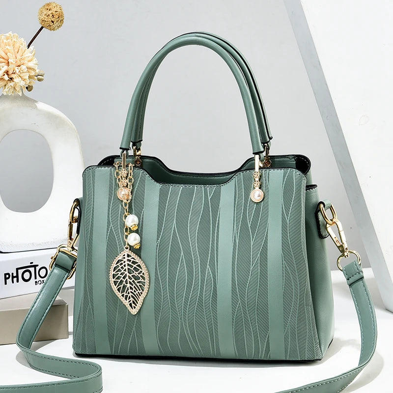 Beg Tangan Berjalur Fesyen, Beg Selempang Kulit PU Wanita, Dompet Beg Tangan Atas 