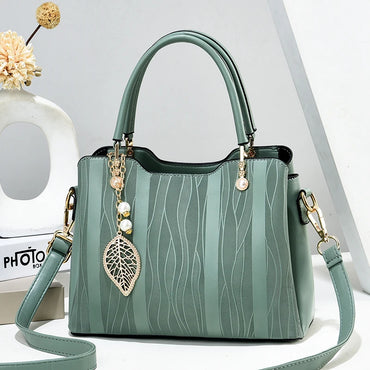 Beg Tangan Berjalur Fesyen, Beg Selempang Kulit PU Wanita, Dompet Beg Tangan Atas 