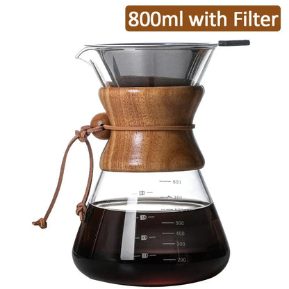 Hand Glass Coffee Kettle Coffee Maker 400ML 600ML 800ML 1L Stainless Steel Filter Dripper Manual Coffee Maker Brewer Pot