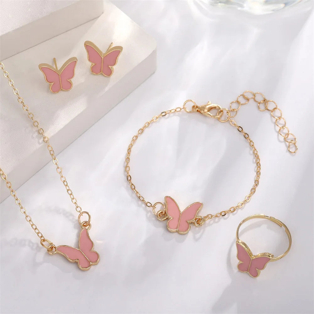 Butterfly Jewelry Sets Crystal Acrylic Romantic Bracelet Ring Necklace Earring Set for Women Wedding Dinner Dress Accessories