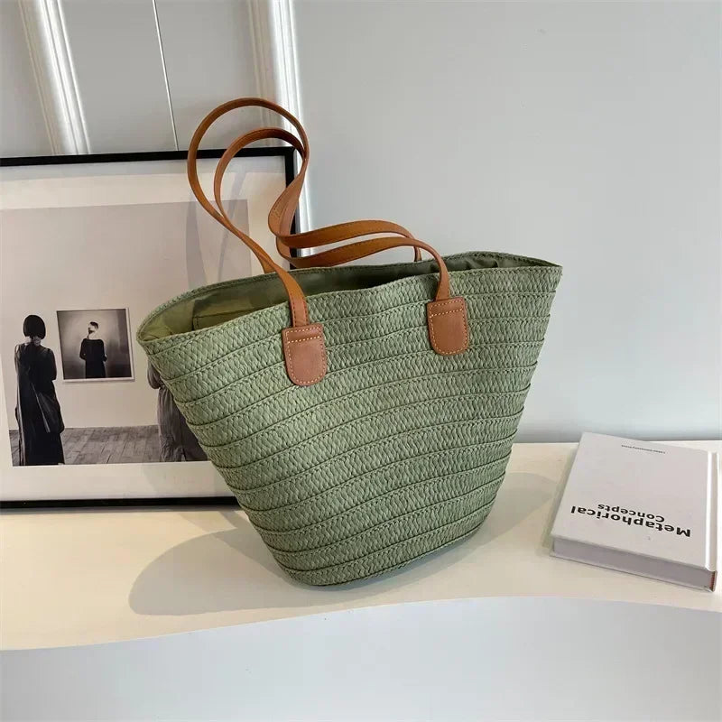 Women Braided Basket Clutches Top-handle Bag Large Straw Portable Shoulder Bag Summer Beach Party Purses Shopper Satchel Female