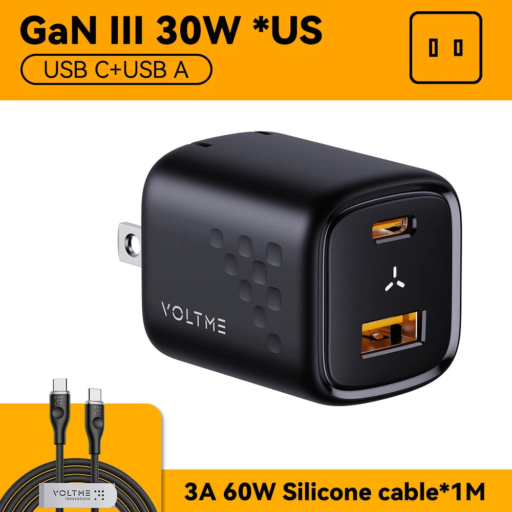 VOLTME USB C 快速充电器 30W GaN 充电器 QC PD 3.0 双端口便携式适配器适用于 iPhone 13 12 iPad 小米快速壁式充电器