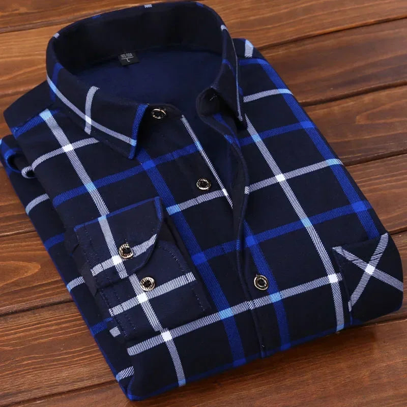 2024 Men's Winter Warm Long Sleeve Plaid Shirts Flannel Fur Lined Thick Formal Shirts Fleece Casual Shirt for Men Dress Shirts