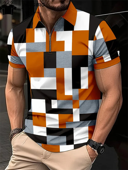 Men's Zipper Polo Shirt 3d Lattice Print Fashion Clothing Business Casual T-Shirt Mens Polo Shirt Zip Short Sleeve Street Top