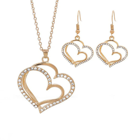 3 Pcs Set Heart Shaped Jewelry Set Of Earrings Pendant Necklace For Women Exquisite Fashion Rhinestone Double Heart Jewelry Set