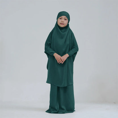 2Pcs Muslim Kids Girls Overhead Hijab Dress Abaya Set Islamic Child Ramadan Prayer Burka Arab Khimar Headscarf Skirt Niqab Suit