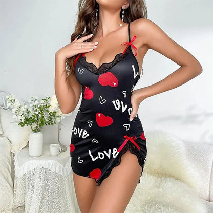 Lace Edge V-Neck Sling Side Split Sleepwear Women's Printed Love Letter Black Home Sling Dress Pajamas