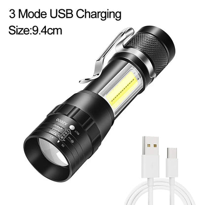 Lampu Suluh LED Pengecasan USB Mini 3 Mod Obor Zum Cahaya Kuat Mudah Alih Lampu Perkhemahan Luaran Tanglung Lampu Suluh Kalis Air 