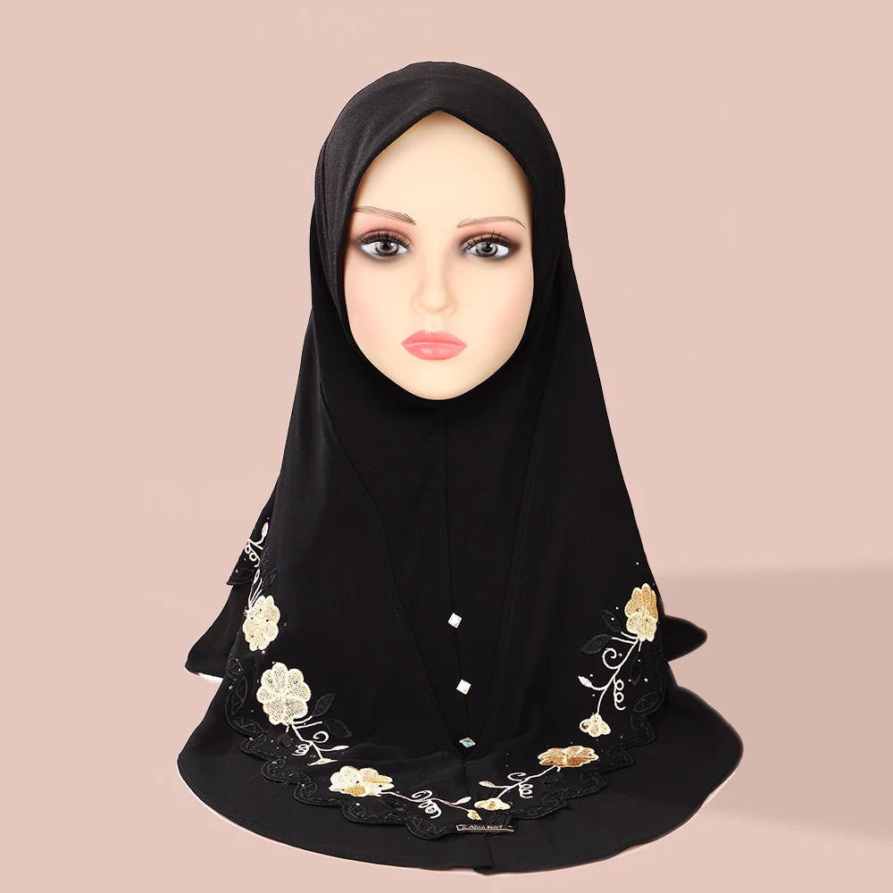 Muslim Double Layer Hijab Heavy Embroidery Lace Pullover Headscarf Malay Ladies Scarf Muslim Double Layer Chiffon Beaded Hat