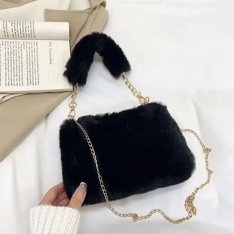 Winter Plush Tote Handbag Versatile Fluffy Shoulder Bag Soft Cute Chain Crossbody Bag Fashion Women Girls Small Square Handbag