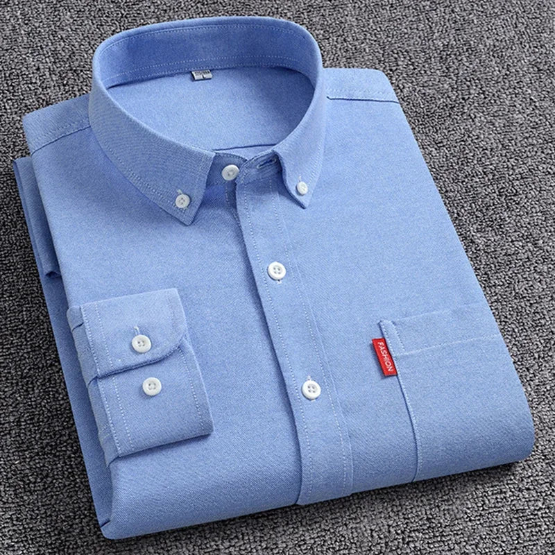 Men's Oxford Long Sleeve Shirts 100% Cotton Solid Color Turn Down Collar Regular Fit Daily Men Clothing Easy Care Shirts For Man