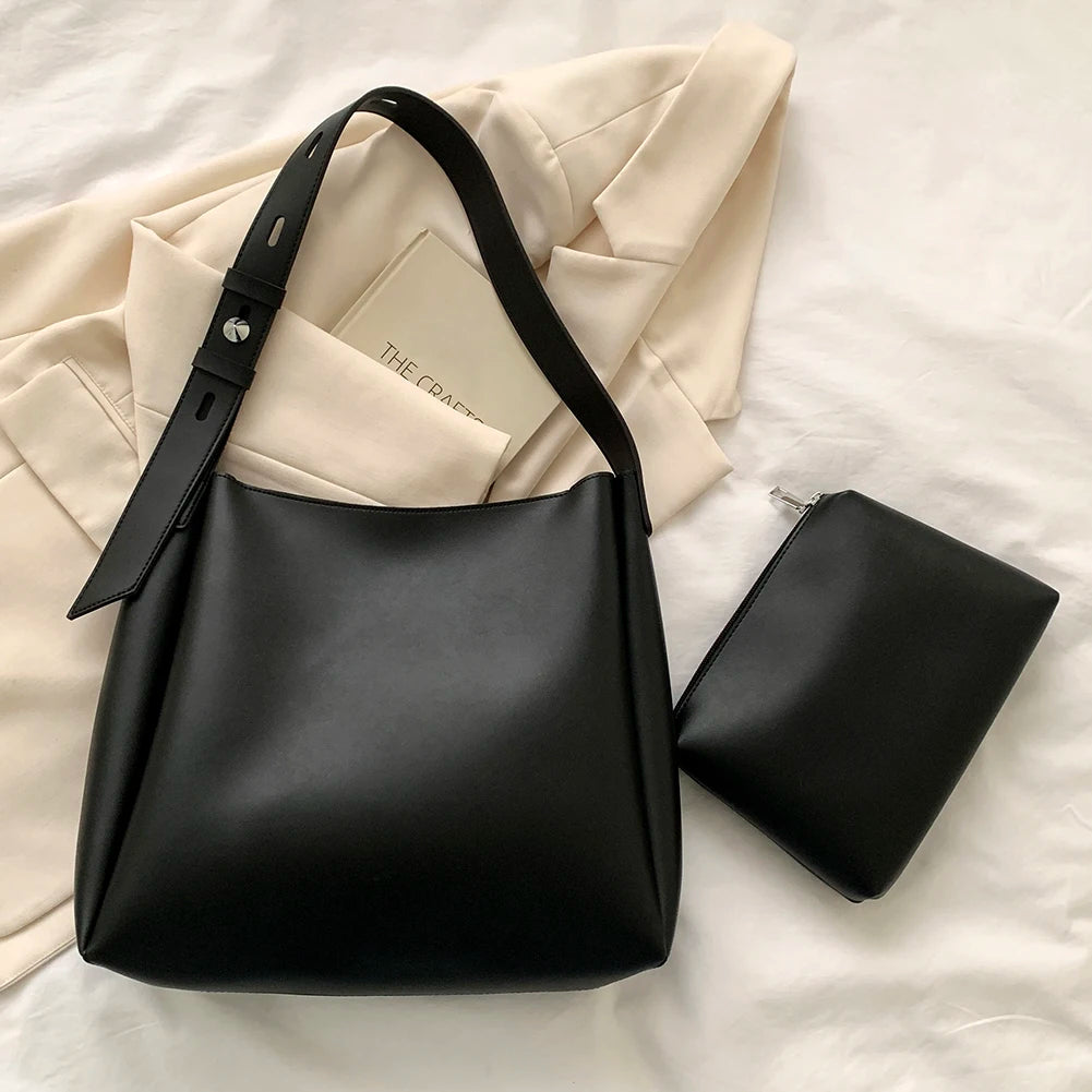 Women Leather Tote Bag Large Capacity Shoulder Bag and Purse Set Casual Satchel Hobo Bag Tote Bag and Clutch Set Fall Winter Bag