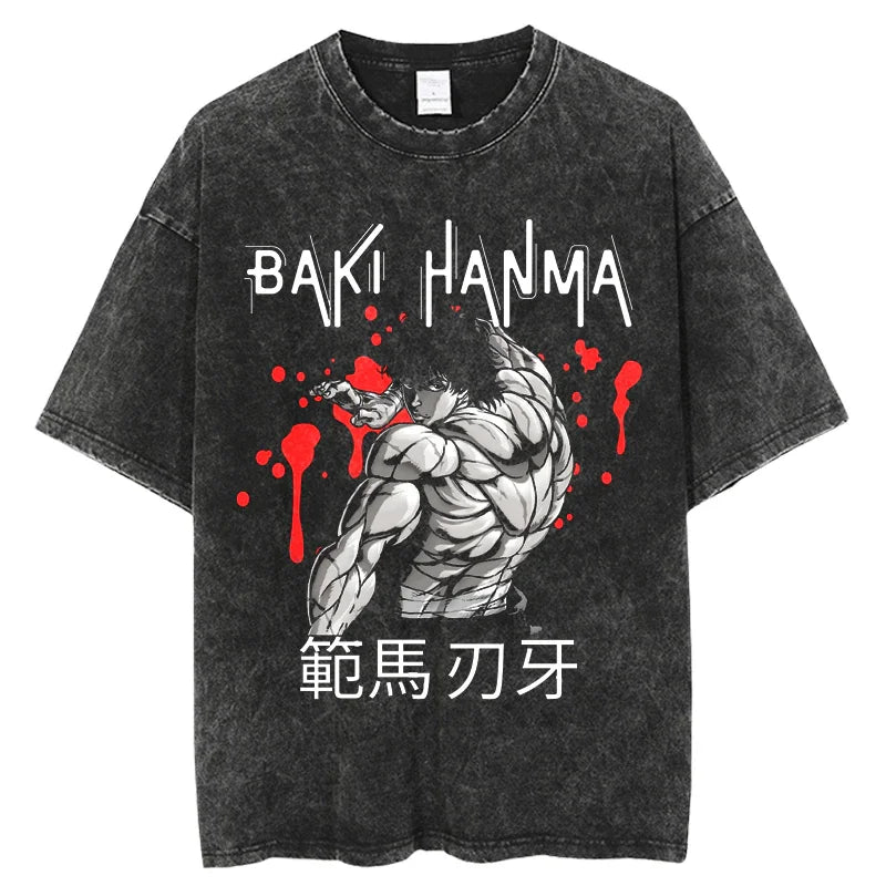 Grappler Baki Kyokudai Taikai Anime T-shirt Harajuku Streetwear Percetakan Kreatif Lengan Pendek Vintage Tee Dicuci Pakaian Lelaki 