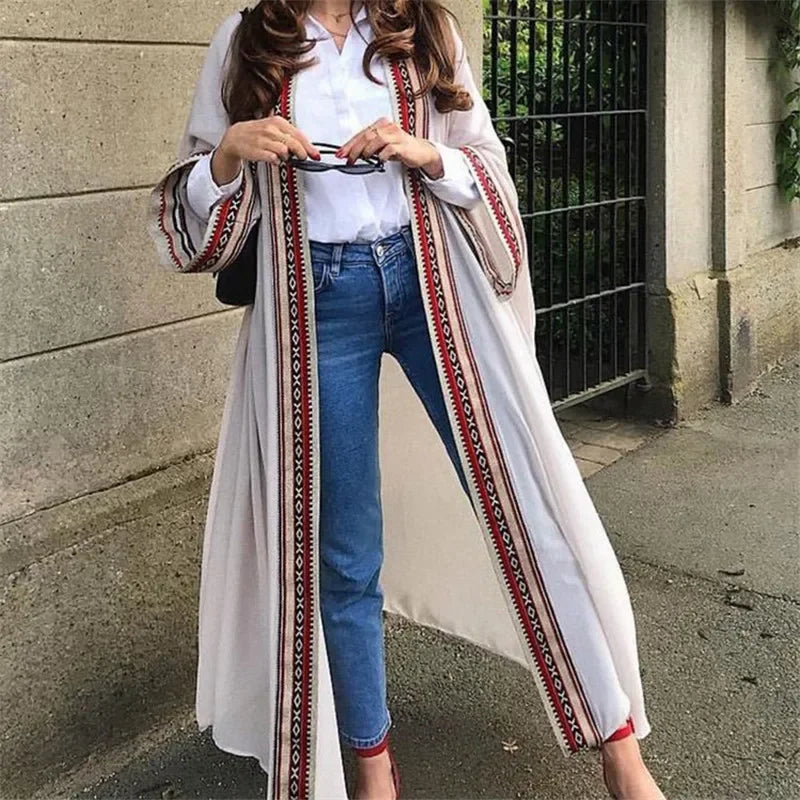 White Chiffon Long Maxi Kimono Cardigan Women Beach Cover Up Embroidery Edge with Belt Tunica Kaftans Femininos Beachwear 2024