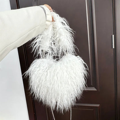 Faux Natural Fur-Ever Mongolian Furry Fur Heart Shape Oversized Tote Bags For Women Handbags With Long Shoulder Fur Straps