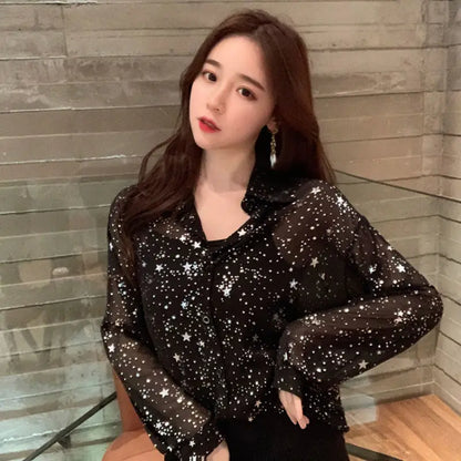 Beautiful Summer Women's Shirts 2024 Black Korean Long Sleeve Ladies Blouses 2024 Top Cool Trends Chiffon Vintage Sequin Youth