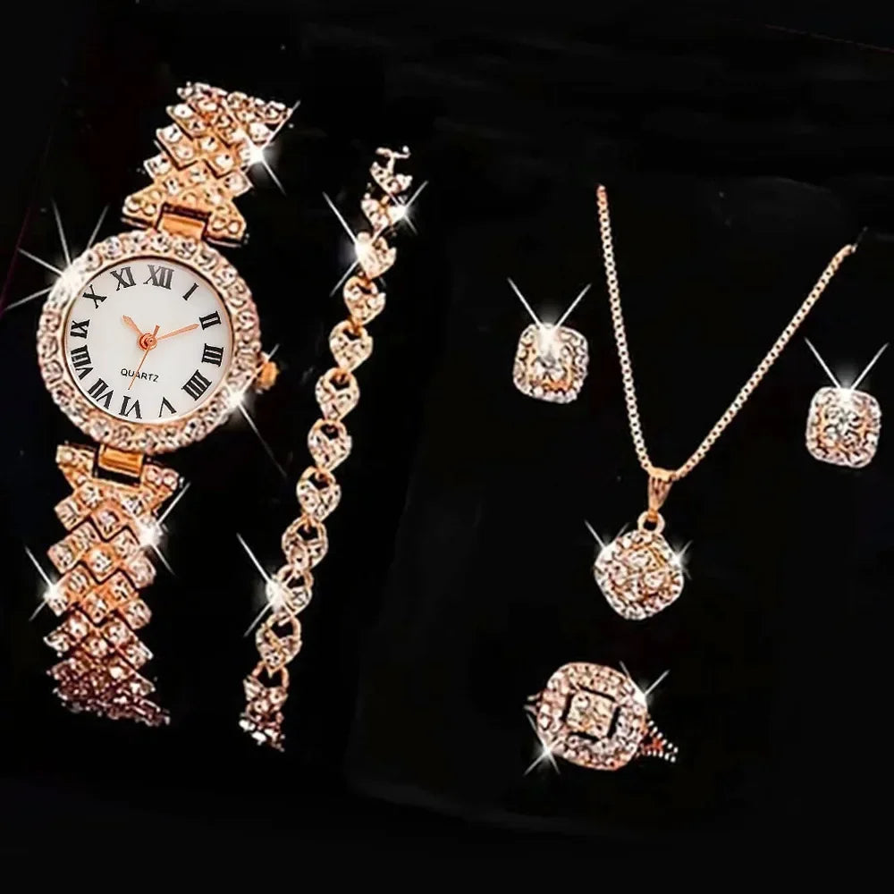 6PCS Set Jam Tangan Wanita Jam Tangan Roman Dail Mewah Rekaan Jenama Kasual Wanita Kuarza Jam Tangan Set Gelang Wanita Montre Femme Reloj 