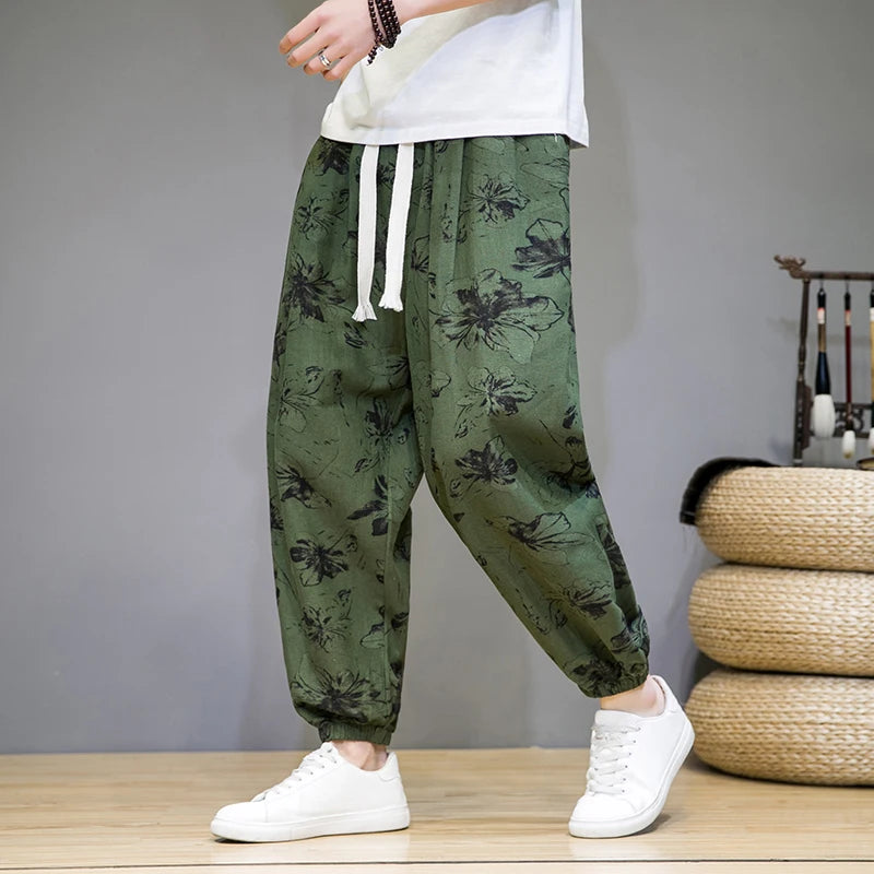 Chinese Style Man Pants Spring Summer Thin Breathable Cotton Linen Pants Men Harem Pants Printed Casual Pants Loose Pants Men