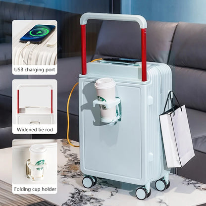 New Design Wide Handle Travel Suitcase Carry-On Luggage Trolley Case With Cup Holder USB Charging 20 Inch Cabin Rolling luggage