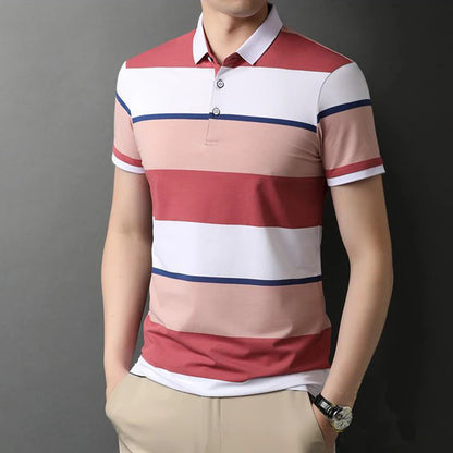 Men's Polo T Shirt Business Casual Simple Stripes Print Summer Short-Sleeve Polo Shirt Fashion Street Wear Oversized Clothes