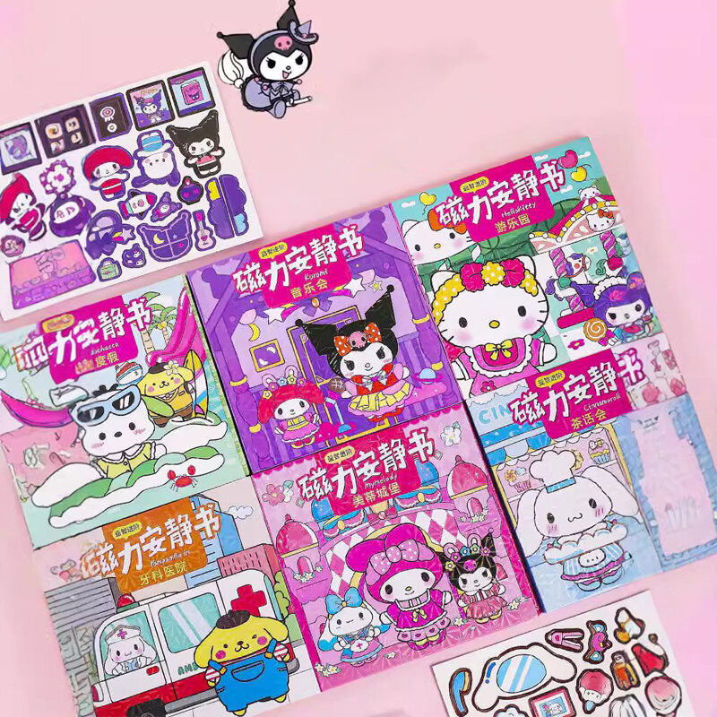 18CM Sanrio Kuromi Magnetic Quiet Book Kids Handmade Educational DIY Toy Children Creative Sticker Book Cut-free Birthday Gifts